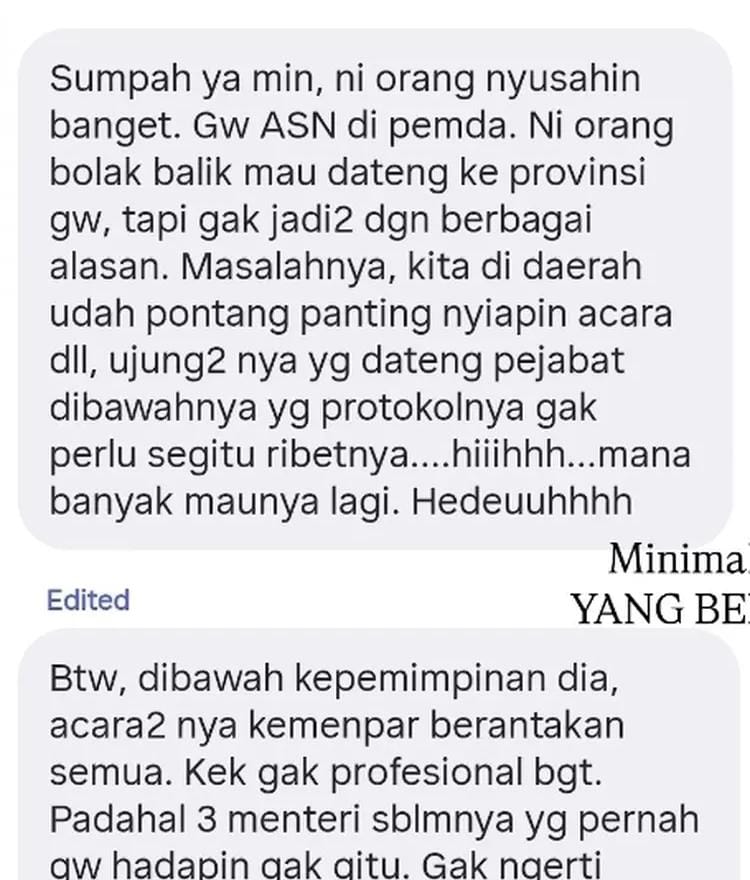 Tangkap Layar Chat ASN keluhkan Menteri Widiyanti
